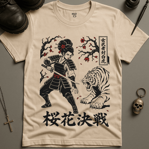 Japanese Samurai Tiger Blossoms T-Shirt - Natural - S - Inked 13 Ltd Unisex alternative tattoo apparel