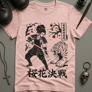Japanese Samurai Tiger Blossoms T-Shirt - Soft Pink - S - Inked 13 Ltd Unisex alternative tattoo apparel