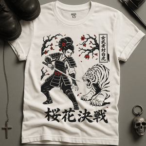 Japanese Samurai Tiger Blossoms T-Shirt - White - S - Inked 13 Ltd Unisex alternative tattoo apparel