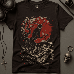Japanese Wolf Pagoda T-Shirt - Brown - S - Inked 13 Ltd Unisex alternative tattoo apparel