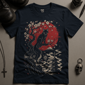 Japanese Wolf Pagoda T-Shirt - Navy - S - Inked 13 Ltd Unisex alternative tattoo apparel