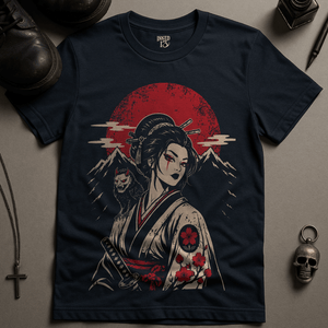 Japanese Woman Oni Crow T-Shirt - Navy - S - Inked 13 Ltd Unisex alternative tattoo apparel