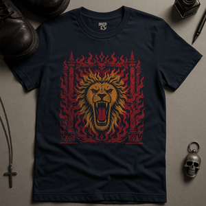 Lion Fiery Gates T-Shirt - Navy - S - Inked 13 Ltd Unisex alternative tattoo apparel