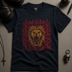 Lion Fiery Gates T-shirt (New Style) - True Navy - S - Inked 13 Ltd Unisex alternative tattoo apparel