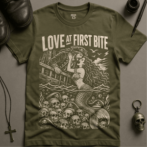 Love At First Bite T-Shirt - Military Green - S - Inked 13 Ltd Unisex alternative tattoo apparel