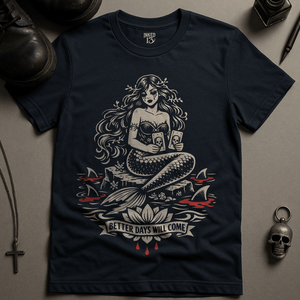 Mermaid Better Days Will Come T-Shirt - Navy - S - Inked 13 Ltd