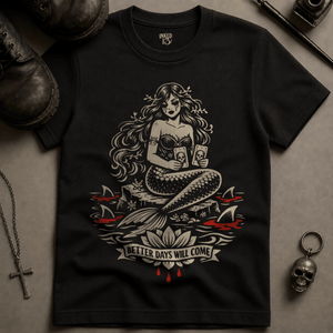 Mermaid Better Days Will Come T-shirt (New Style) - Black - S - Inked 13 Ltd Unisex alternative tattoo apparel