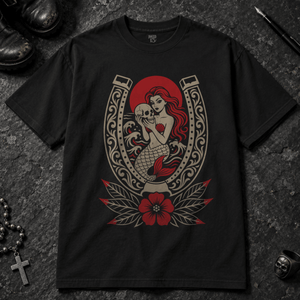 Mermaid Horseshoe T-shirt - Black - S - Inked 13 - Unisex alternative tattoo apparel.