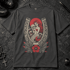 Mermaid Horseshoe T-shirt - Graphite - S - Inked 13 - Unisex alternative tattoo apparel.