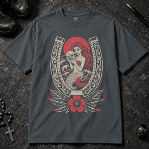 Mermaid Horseshoe T-shirt - Pepper - S - Inked 13 - Unisex alternative tattoo apparel.