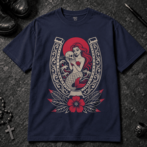 Mermaid Horseshoe T-shirt - True Navy - S - Inked 13 - Unisex alternative tattoo apparel.