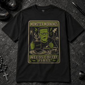 Monster Mornings T-shirt - Black - S - Inked 13 - Unisex alternative tattoo apparel.