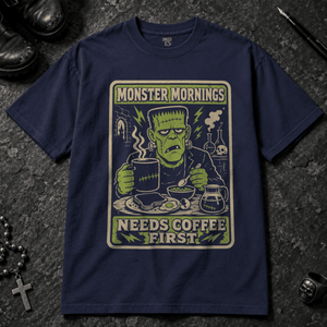 Monster Mornings T-shirt - True Navy - S - Inked 13 - Unisex alternative tattoo apparel.