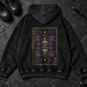 Moth Jack Of Spades Washed Hoodie - Black Beauty - S - Inked 13 - Unisex alternative tattoo apparel.
