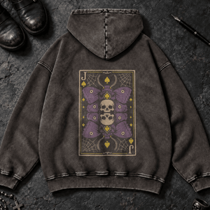 Moth Jack Of Spades Washed Hoodie - Dark Gray - S - Inked 13 Ltd Unisex alternative tattoo apparel