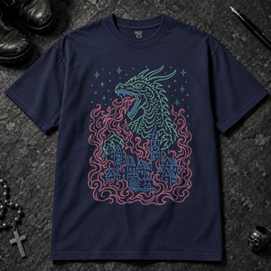 Neon Dragon Village T-shirt - True Navy - S - Inked 13 - Unisex alternative tattoo apparel.