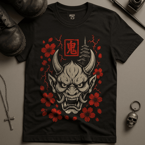 Oni Mask Cherry Blossoms T-Shirt - Black - S - Inked 13 Ltd Unisex alternative tattoo apparel