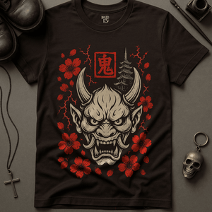 Oni Mask Cherry Blossoms T-Shirt - Brown - S - Inked 13 Ltd Unisex alternative tattoo apparel