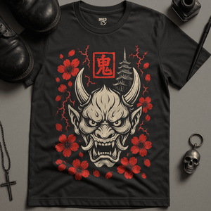 Oni Mask Cherry Blossoms T-Shirt - Dark Grey - S - Inked 13 Ltd Unisex alternative tattoo apparel