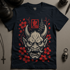 Oni Mask Cherry Blossoms T-Shirt - Navy - S - Inked 13 Ltd Unisex alternative tattoo apparel