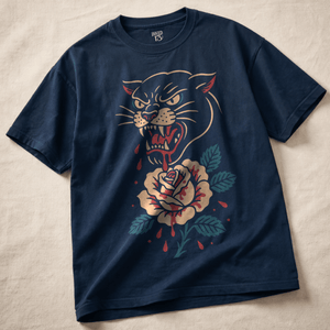 Panther Rose Heavyweight T-shirt - True Navy - S - Inked 13 Ltd Unisex alternative tattoo apparel