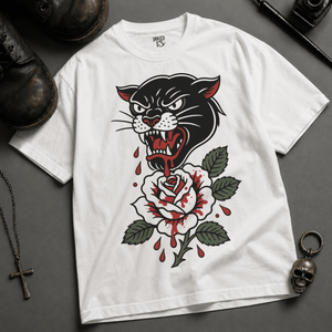 Panther Rose Heavyweight T-shirt - White - S - Inked 13 Ltd Unisex alternative tattoo apparel