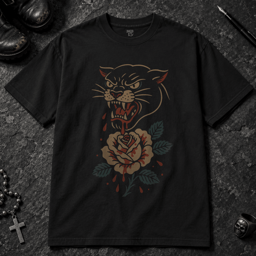 Panther Rose T-shirt - Black - S - Inked 13 - Unisex alternative tattoo apparel.