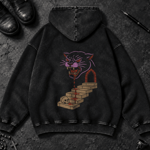 Panther Stairs Washed Hoodie - Black Beauty - S - Inked 13 Ltd Unisex alternative tattoo apparel
