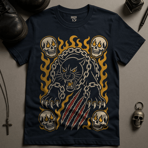 Panther Tattoo Chains T-Shirt - Navy - S - Inked 13 Ltd Unisex alternative tattoo apparel
