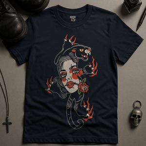 Panther Woman Tattoo T-Shirt - Navy - S - Inked 13 Ltd Unisex alternative tattoo apparel