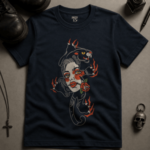Panther Woman Tattoo T-shirt (New Style) - True Navy - S - Inked 13 Ltd Unisex alternative tattoo apparel