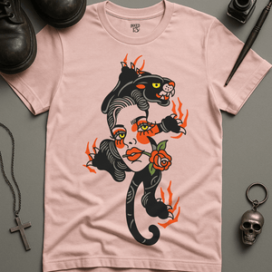 Panther Woman Tattoo T-Shirt - Soft Pink - S - Inked 13 Ltd Unisex alternative tattoo apparel