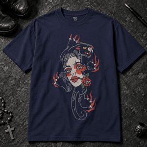 Panther Woman Tattoo T-shirt - True Navy - S - Inked 13 - Unisex alternative tattoo apparel.