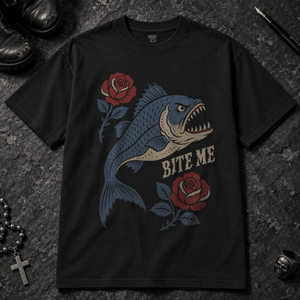 Piranha Bite Me T-shirt - Black - S - Inked 13 - Unisex alternative tattoo apparel.