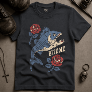 Piranha Bite Me T-shirt - Graphite - S - Inked 13 Ltd Unisex alternative tattoo apparel