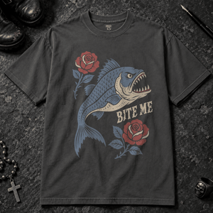 Piranha Bite Me T-shirt - Graphite - S - Inked 13 - Unisex alternative tattoo apparel.