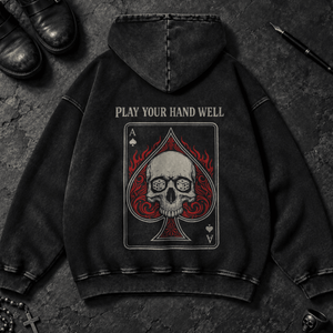 Play Your Hand Well Washed Hoodie - Black Beauty - S - Inked 13 Ltd Unisex alternative tattoo apparel