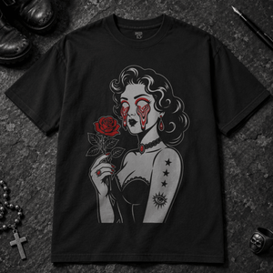 Psychedelic Woman Rose T-shirt - Black - S - Inked 13 - Unisex alternative tattoo apparel.