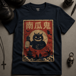 Pumpkin Monster Japanese T-shirt - True Navy - S - Inked 13 Ltd Unisex alternative tattoo apparel