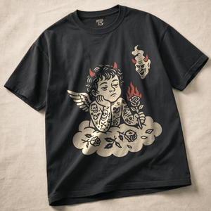 Rebellious Cherub Heavyweight T-shirt - Black - S - Inked 13 Ltd Unisex alternative tattoo apparel