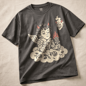 Rebellious Cherub Heavyweight T-shirt - Pepper - M - Inked 13 Ltd Unisex alternative tattoo apparel