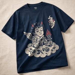 Rebellious Cherub Heavyweight T-shirt - True Navy - S - Inked 13 Ltd Unisex alternative tattoo apparel