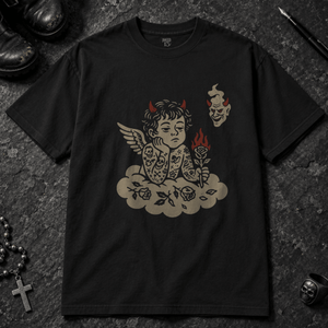 Rebellious Cherub T-shirt - Black - S - Inked 13 - Unisex alternative tattoo apparel.