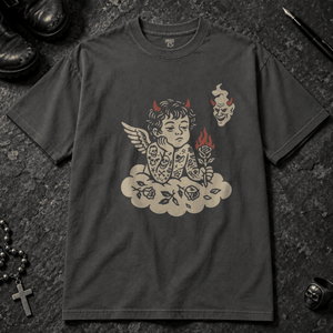 Rebellious Cherub T-shirt - Graphite - S - Inked 13 - Unisex alternative tattoo apparel.