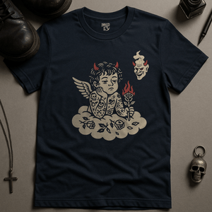 Rebellious Cherub T-Shirt - Navy - S - Inked 13 Ltd