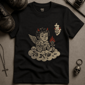 Rebellious Cherub T-shirt (New Style) - Black - S - Inked 13 Ltd Unisex alternative tattoo apparel