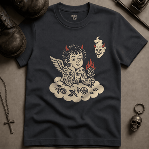 Rebellious Cherub T-shirt (New Style) - Graphite - S - Inked 13 Ltd Unisex alternative tattoo apparel