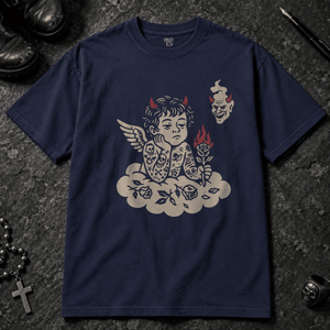 Rebellious Cherub T-shirt - True Navy - S - Inked 13 - Unisex alternative tattoo apparel.