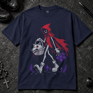Red Slayer Hood Basket T-shirt - True Navy - S - Inked 13 - Unisex alternative tattoo apparel.