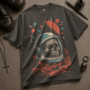 Retro Space Skull Heavyweight T-shirt - Pepper - M - Inked 13 Ltd Unisex alternative tattoo apparel
